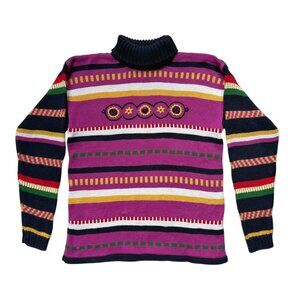 90s vintage striped turtleneck sweater sunflower embroidery quirky  retro Mexx.
